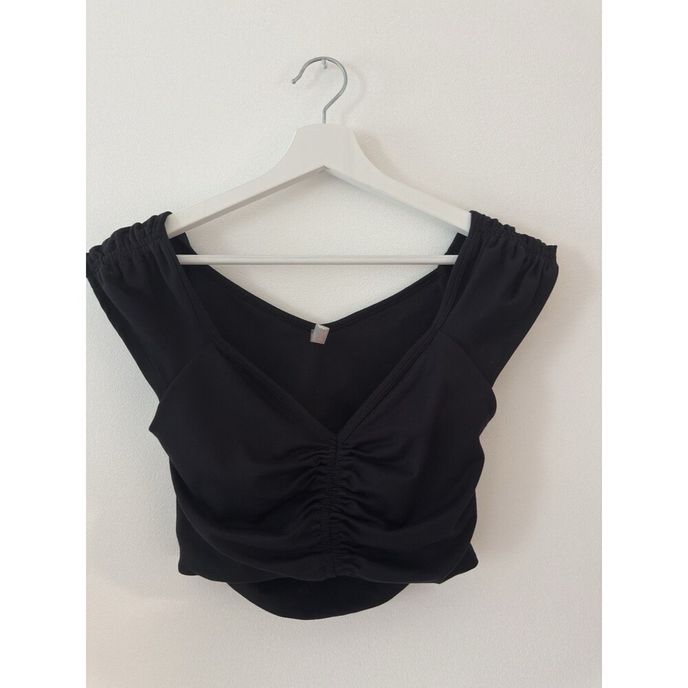 Free People Black Ruched Off Shoulder Crop Top Short Sleeve Stretch Boho